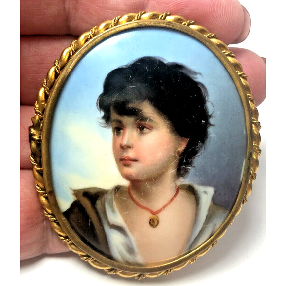 Antique Jewelry - Large Antique Hand Painted Porcelain Portrait Pin Brooch Neapolitan Child Gypsy